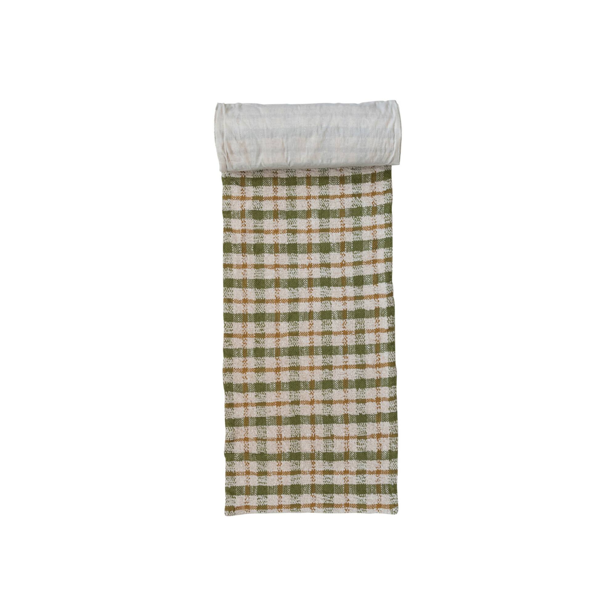 Hello Honey 108" x 14" Cream, Green & Yellow Plaid Woven Cotton Table Runner